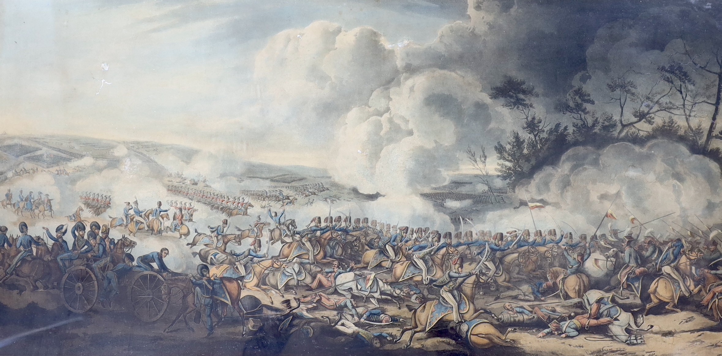 Cooper & Sutherland after Alken, coloured aquatint, 'The Battle of Waterloo', overall 57 x 99cm, maple framed